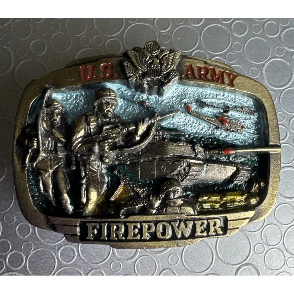 Vintage 1983 US Army Firepower Brass Belt Buckle Great American Co Serial H1071